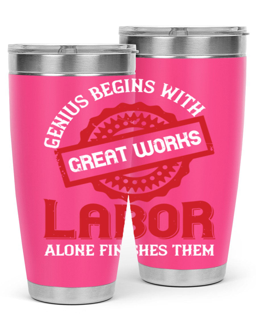 20oz and 30oz stainless steel tumblers with copper lining, featuring a press-in lid and printed design, ideal for hot and cold beverages.