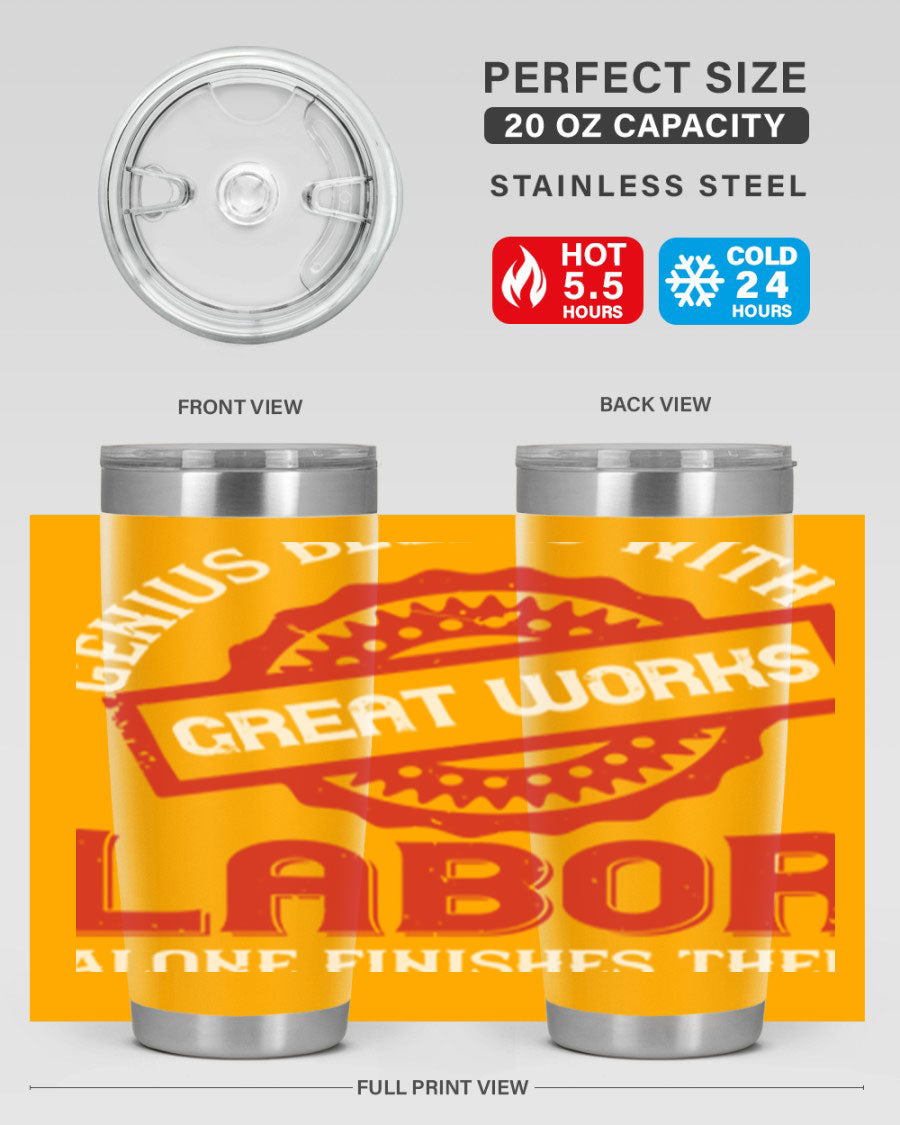 20oz and 30oz stainless steel tumblers with copper lining, featuring a press-in lid and printed design, ideal for hot and cold beverages.