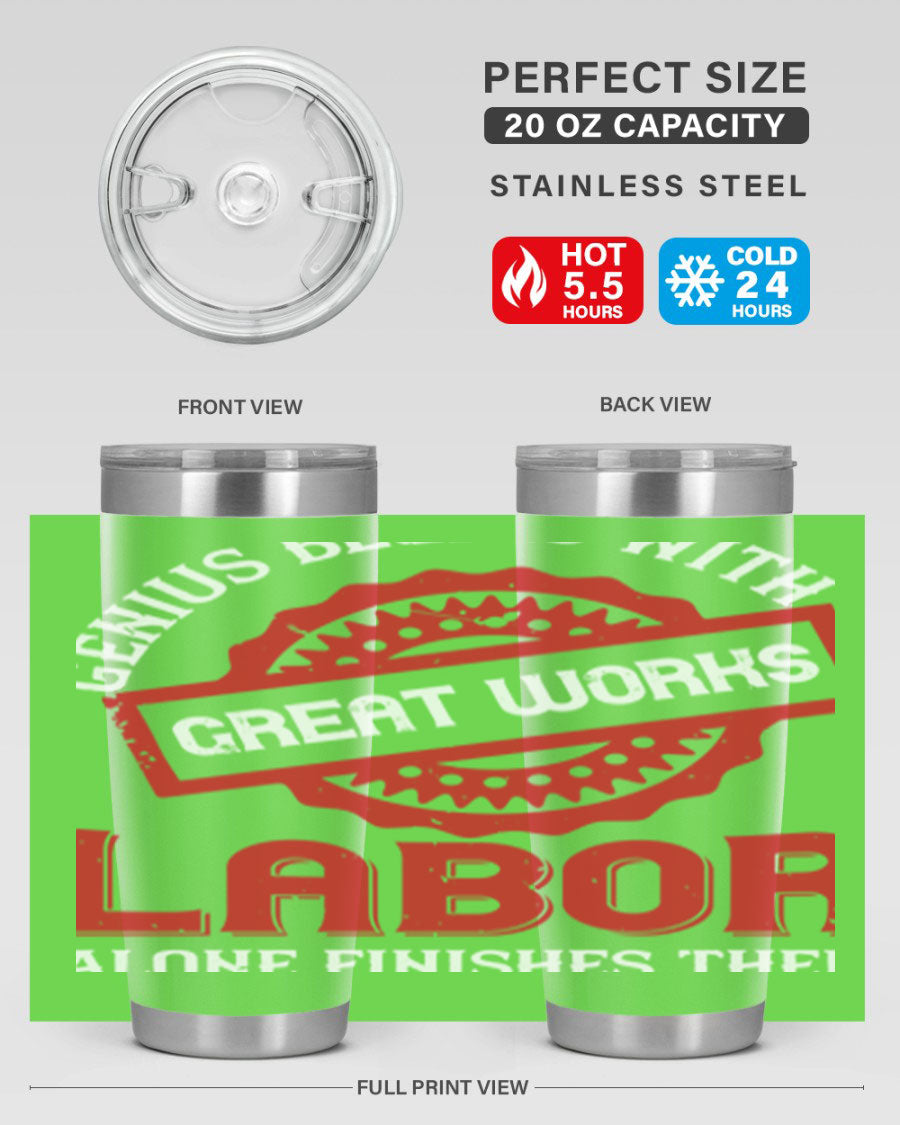 20oz and 30oz stainless steel tumblers with copper lining, featuring a press-in lid and printed design, ideal for hot and cold beverages.