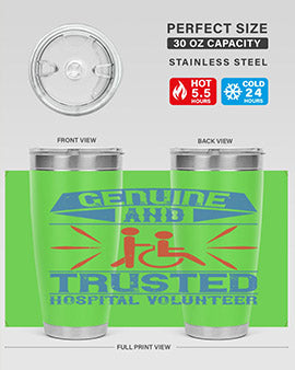 Genuine Hospital Volunteer Tumbler, 20oz, double wall vacuum stainless steel with copper lining, featuring a drink-thru lid.