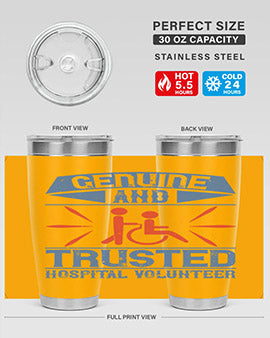 Genuine Hospital Volunteer Tumbler, 20oz, double wall vacuum stainless steel with copper lining, featuring a drink-thru lid.