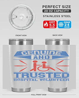Genuine Hospital Volunteer Tumbler, 20oz, double wall vacuum stainless steel with copper lining, featuring a drink-thru lid.