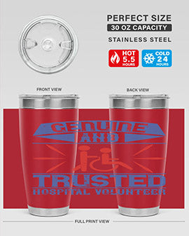 Genuine Hospital Volunteer Tumbler, 20oz, double wall vacuum stainless steel with copper lining, featuring a drink-thru lid.