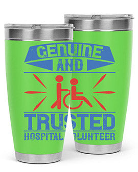 Genuine Hospital Volunteer Tumbler, 20oz, double wall vacuum stainless steel with copper lining, featuring a drink-thru lid.