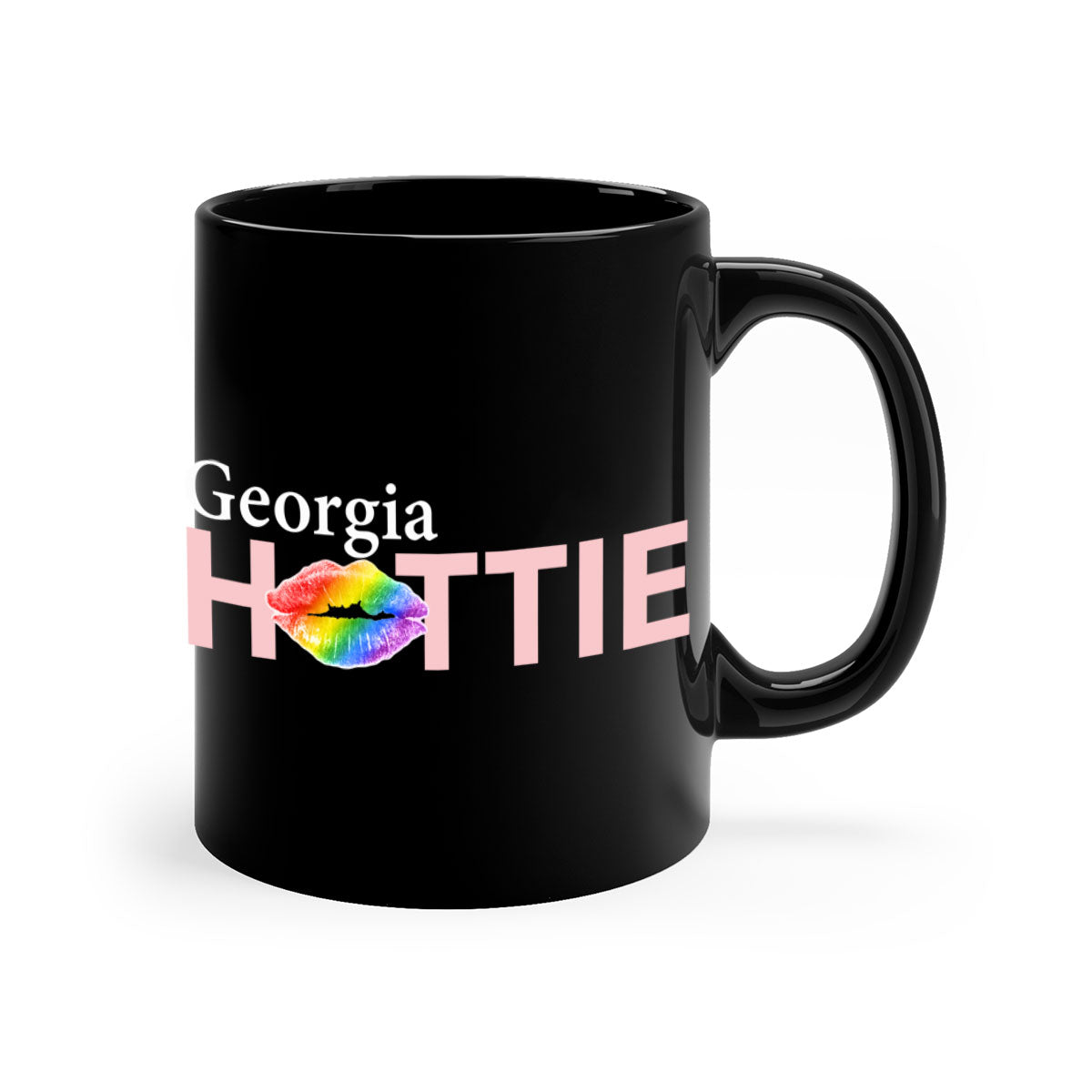 Georgia Hottie Mug featuring rainbow lips design with a glossy finish and colored handle, available in multiple colors.