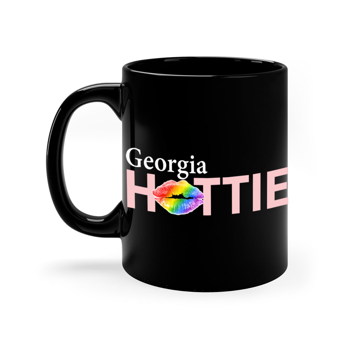 Georgia Hottie Mug featuring rainbow lips design with a glossy finish and colored handle, available in multiple colors.