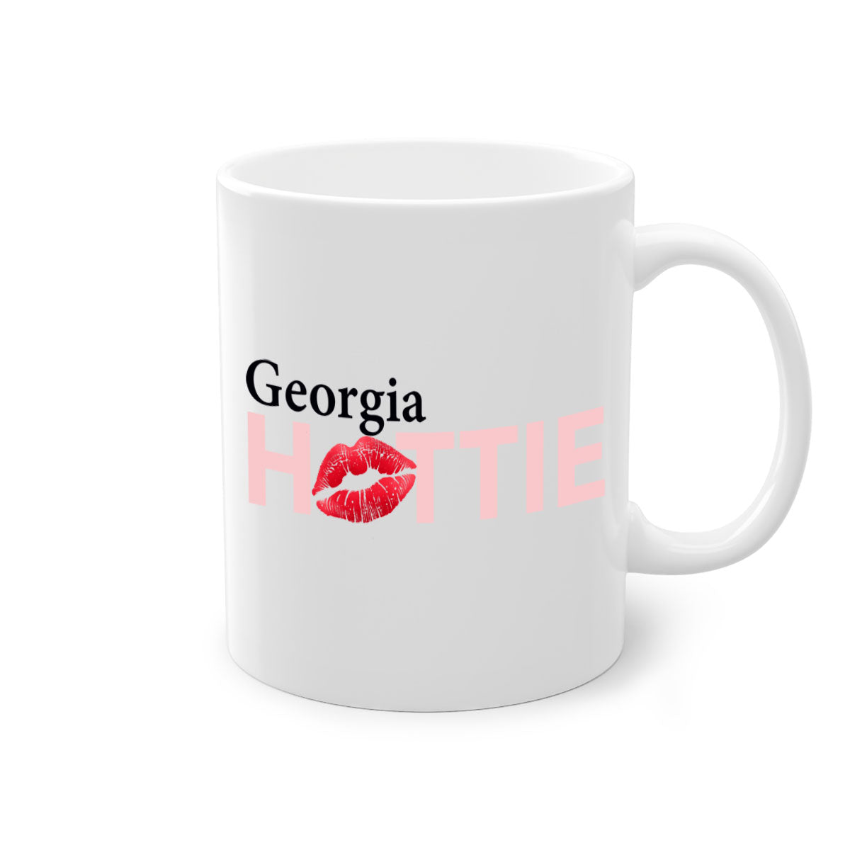 Georgia Hottie With Red Lips Mug featuring a glossy finish and colorful handle, available in multiple sizes.