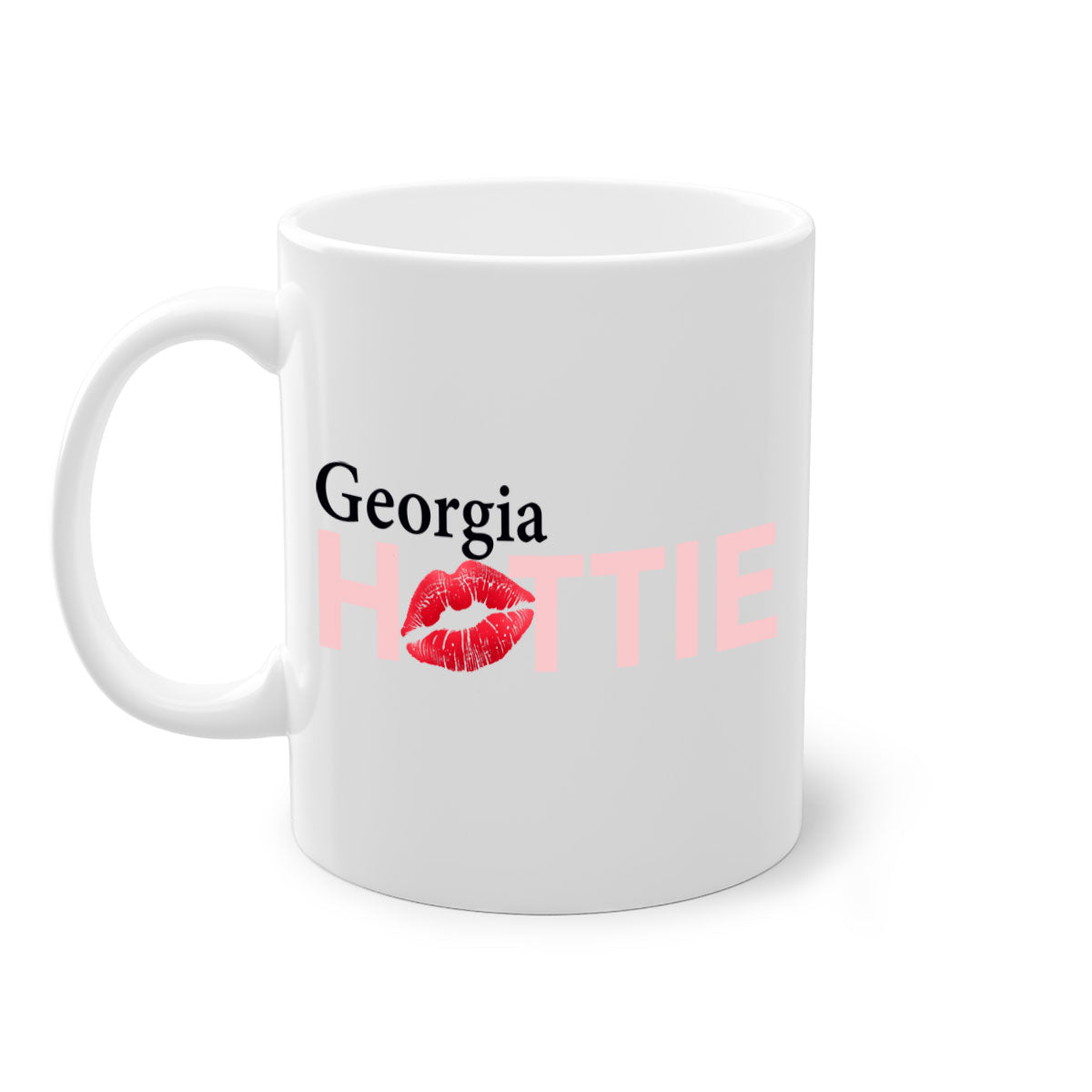 Georgia Hottie With Red Lips Mug featuring a glossy finish and colorful handle, available in multiple sizes.