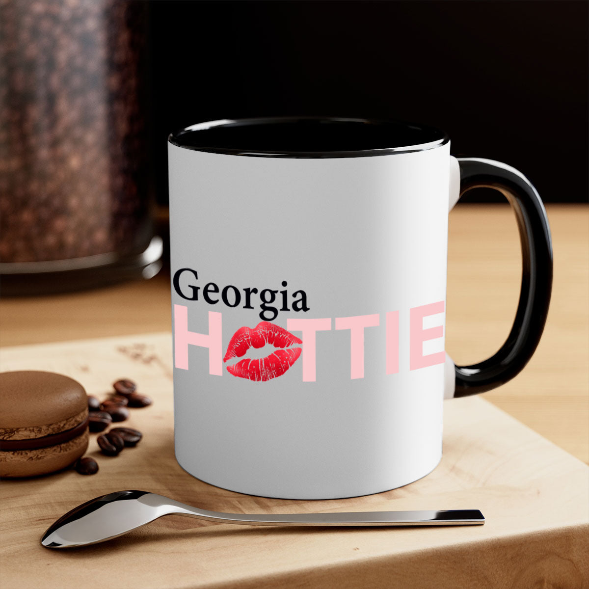 Georgia Hottie With Red Lips Mug featuring a glossy finish and colorful handle, available in multiple sizes.