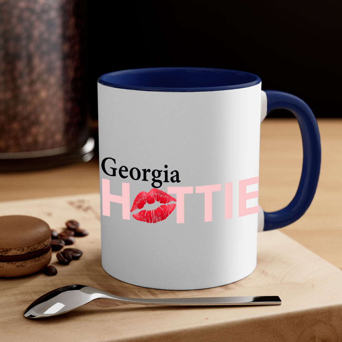 Georgia Hottie With Red Lips Mug featuring a glossy finish and colorful handle, available in multiple sizes.