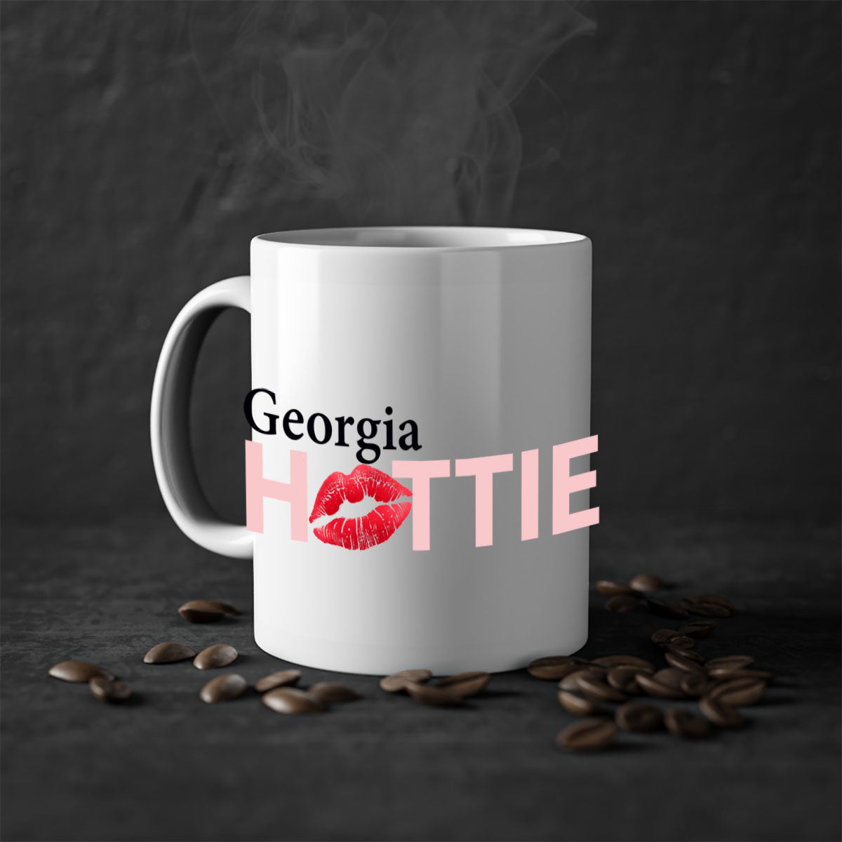 Georgia Hottie With Red Lips Mug featuring a glossy finish and colorful handle, available in multiple sizes.