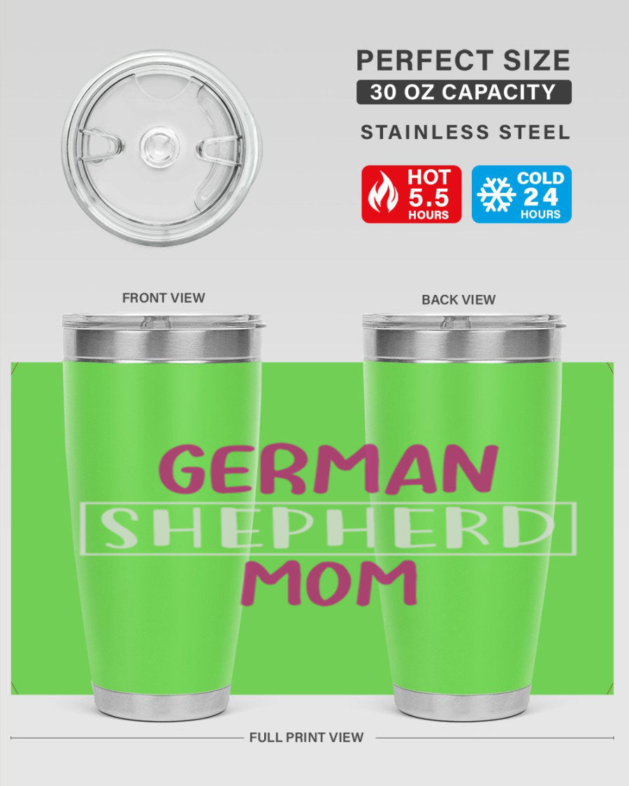 German Shepherd Mom tumbler featuring a stylish design, made from double wall vacuum stainless steel, perfect for hot and cold beverages.