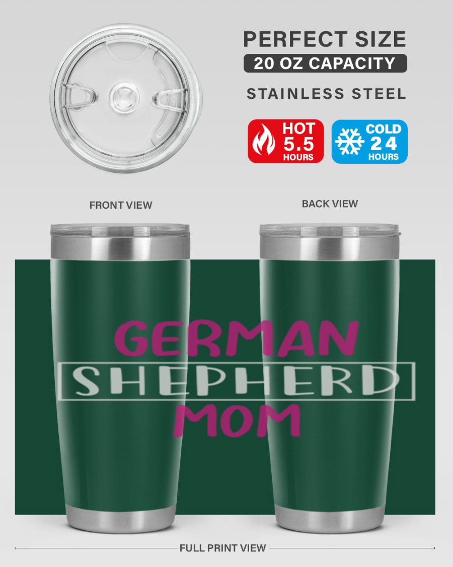 German Shepherd Mom tumbler featuring a stylish design, made from double wall vacuum stainless steel, perfect for hot and cold beverages.