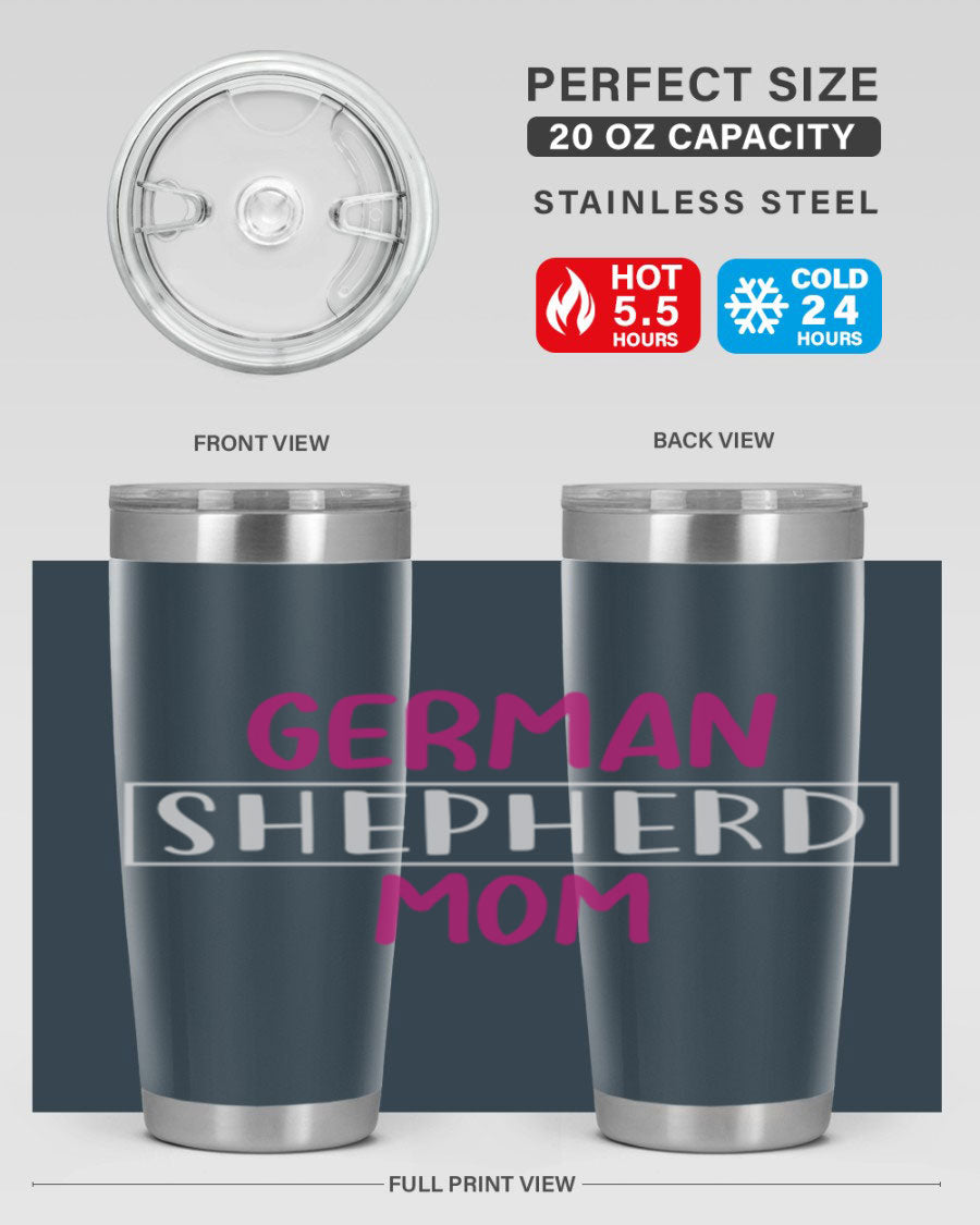 German Shepherd Mom tumbler featuring a stylish design, made from double wall vacuum stainless steel, perfect for hot and cold beverages.