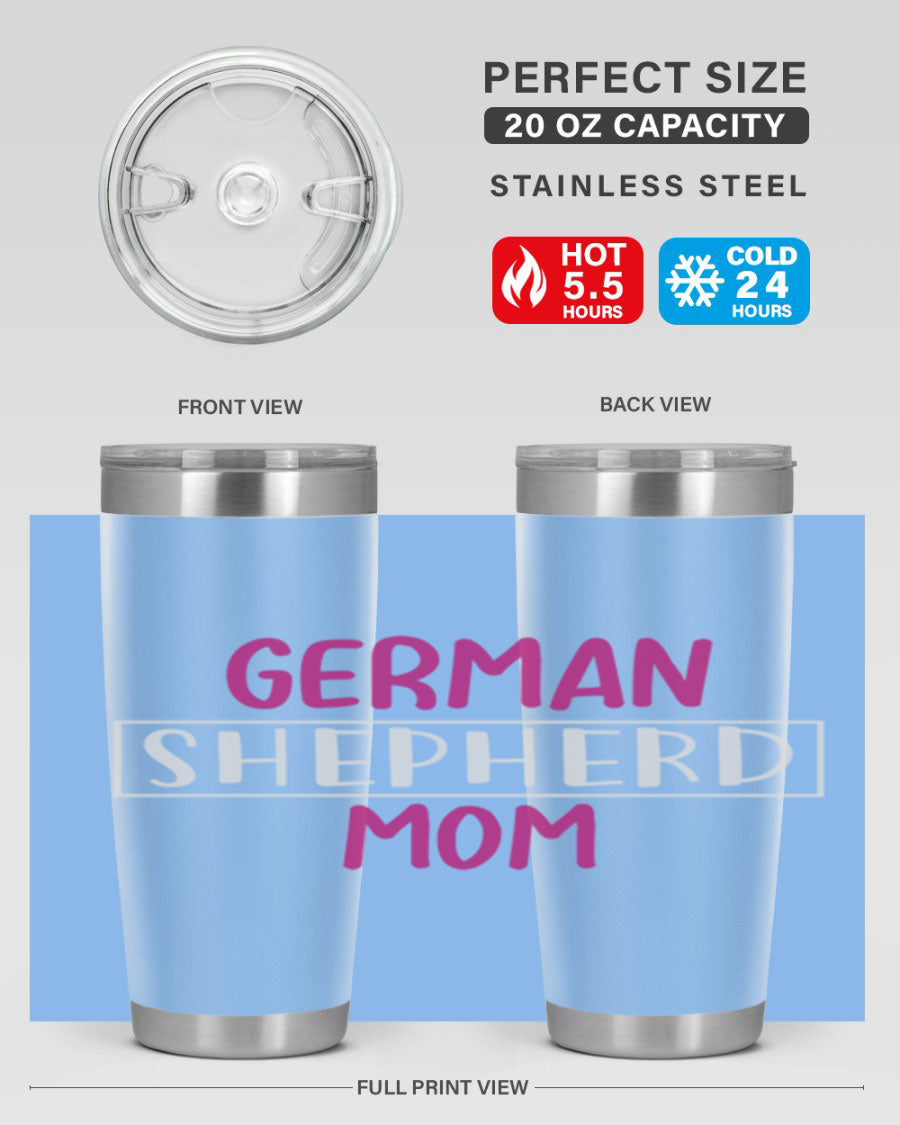 German Shepherd Mom tumbler featuring a stylish design, made from double wall vacuum stainless steel, perfect for hot and cold beverages.