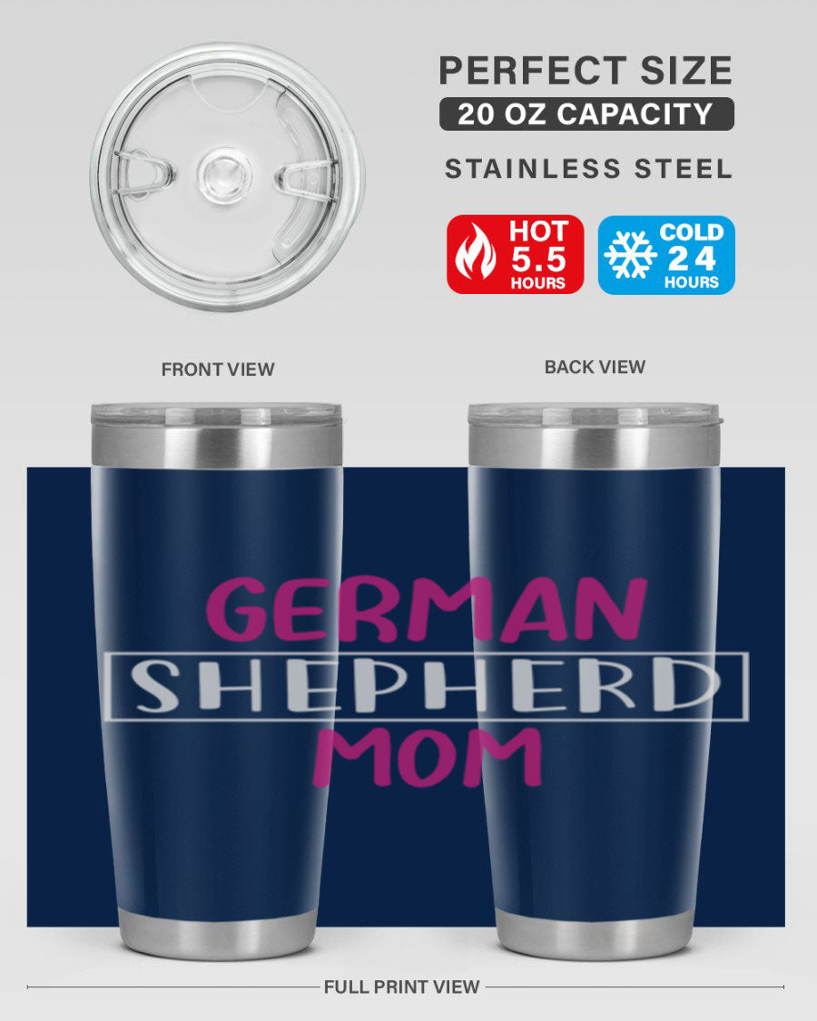 German Shepherd Mom tumbler featuring a stylish design, made from double wall vacuum stainless steel, perfect for hot and cold beverages.