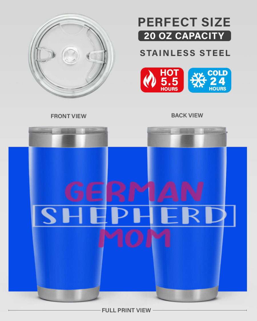 German Shepherd Mom tumbler featuring a stylish design, made from double wall vacuum stainless steel, perfect for hot and cold beverages.