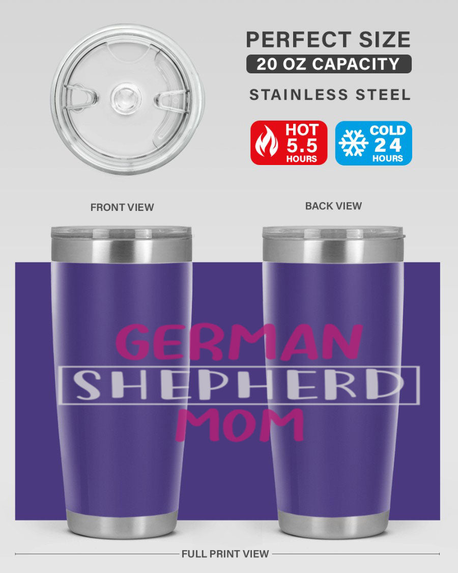 German Shepherd Mom tumbler featuring a stylish design, made from double wall vacuum stainless steel, perfect for hot and cold beverages.