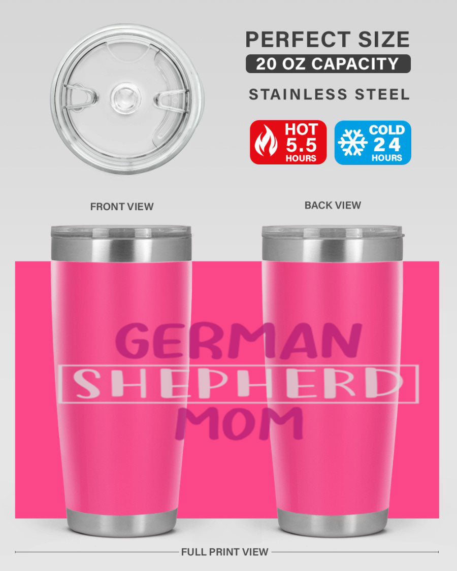 German Shepherd Mom tumbler featuring a stylish design, made from double wall vacuum stainless steel, perfect for hot and cold beverages.