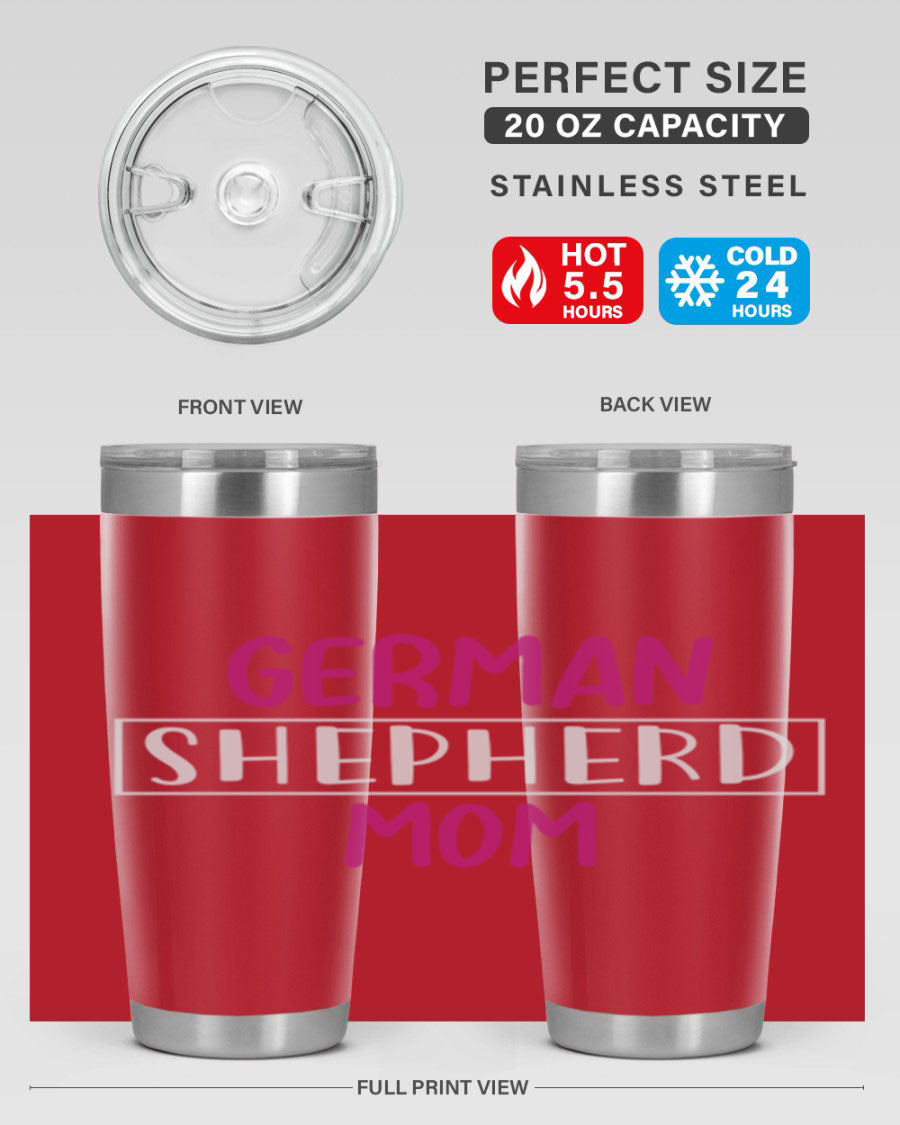 German Shepherd Mom tumbler featuring a stylish design, made from double wall vacuum stainless steel, perfect for hot and cold beverages.