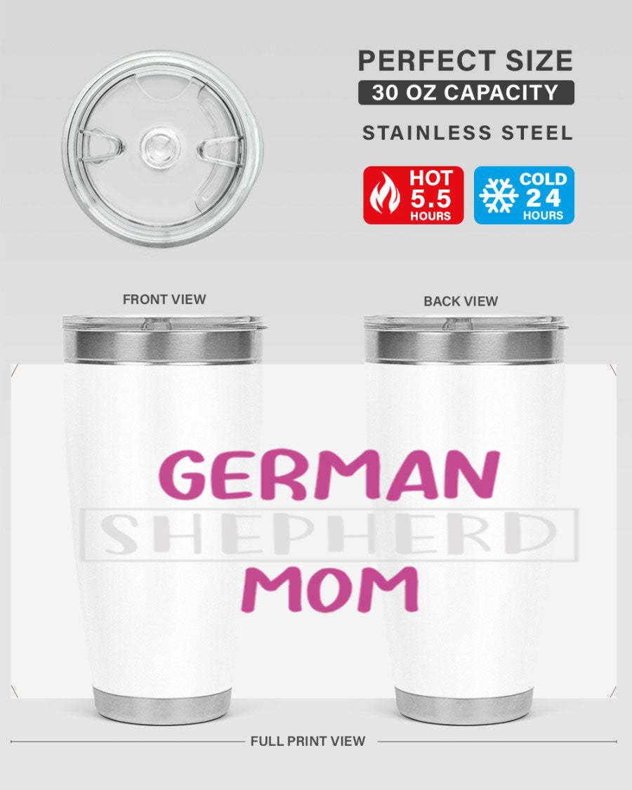 German Shepherd Mom tumbler featuring a stylish design, made from double wall vacuum stainless steel, perfect for hot and cold beverages.