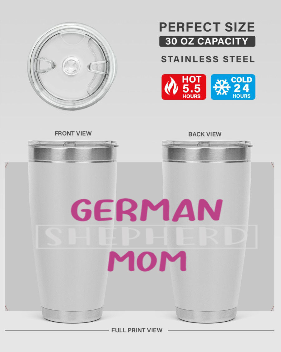 German Shepherd Mom tumbler featuring a stylish design, made from double wall vacuum stainless steel, perfect for hot and cold beverages.