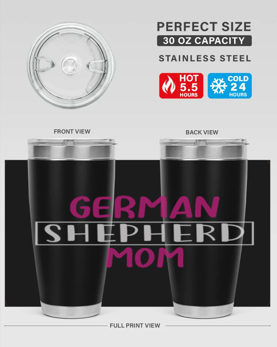 German Shepherd Mom tumbler featuring a stylish design, made from double wall vacuum stainless steel, perfect for hot and cold beverages.