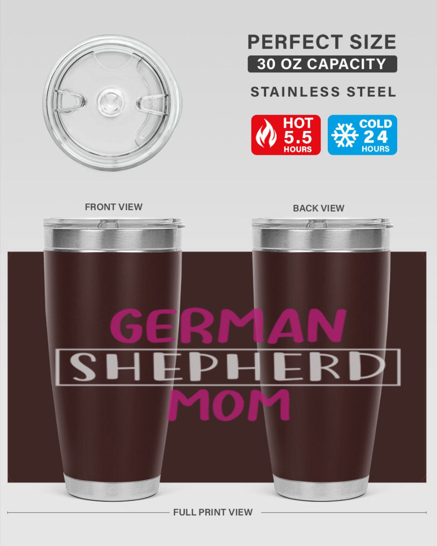 German Shepherd Mom tumbler featuring a stylish design, made from double wall vacuum stainless steel, perfect for hot and cold beverages.