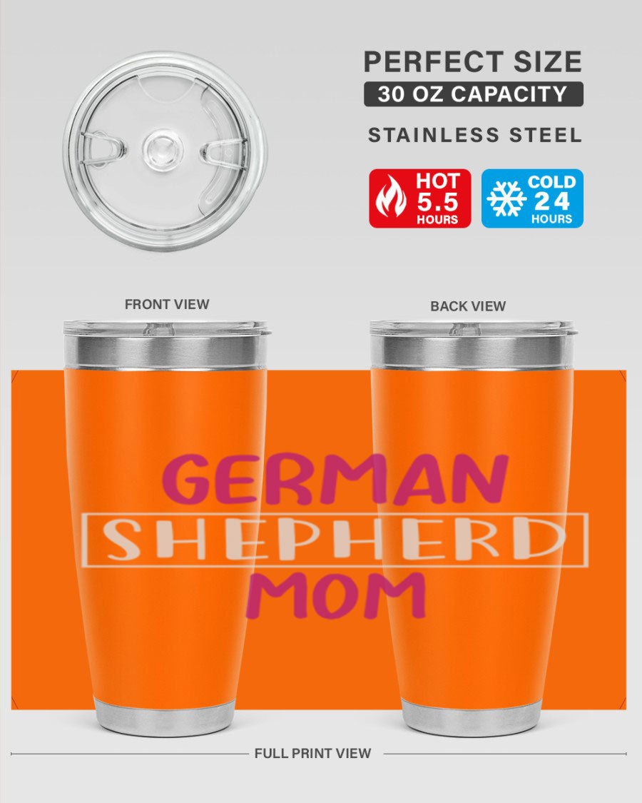 German Shepherd Mom tumbler featuring a stylish design, made from double wall vacuum stainless steel, perfect for hot and cold beverages.