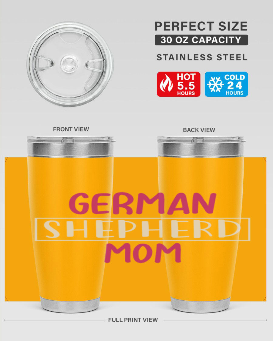German Shepherd Mom tumbler featuring a stylish design, made from double wall vacuum stainless steel, perfect for hot and cold beverages.