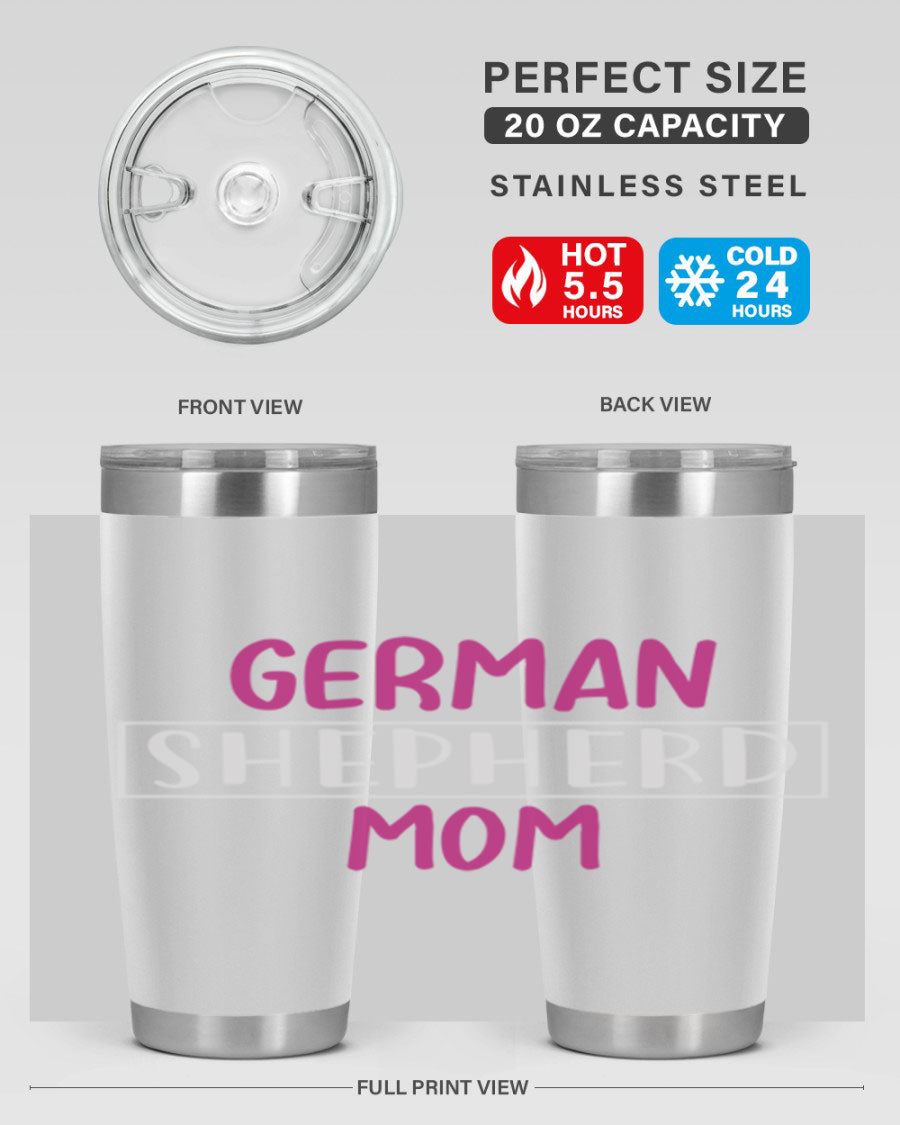 German Shepherd Mom tumbler featuring a stylish design, made from double wall vacuum stainless steel, perfect for hot and cold beverages.