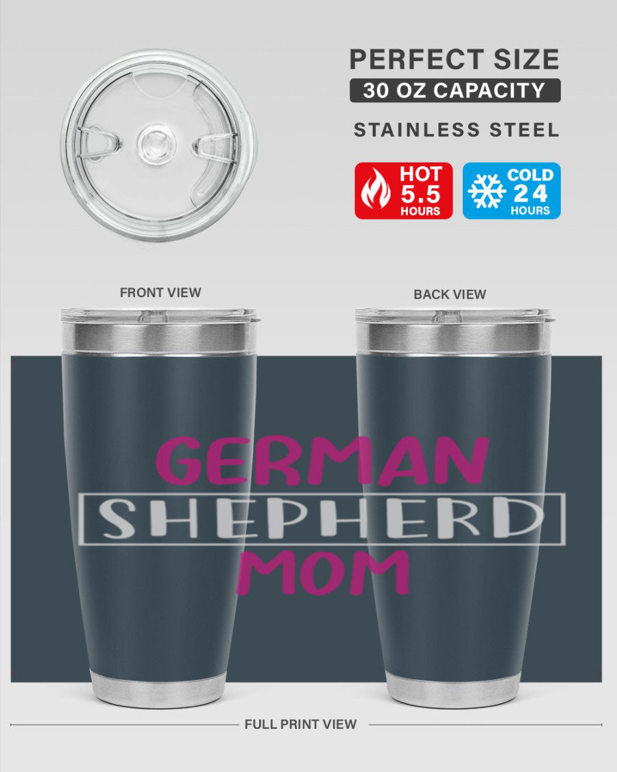 German Shepherd Mom tumbler featuring a stylish design, made from double wall vacuum stainless steel, perfect for hot and cold beverages.