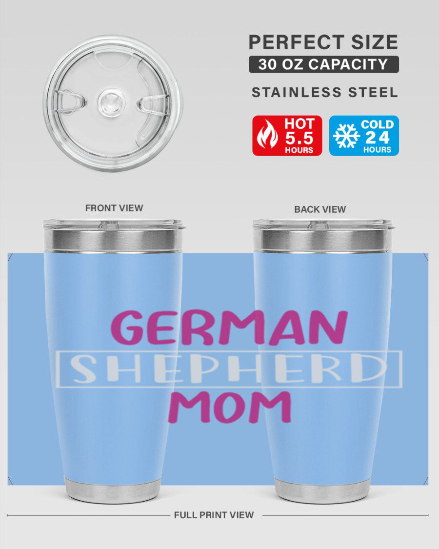 German Shepherd Mom tumbler featuring a stylish design, made from double wall vacuum stainless steel, perfect for hot and cold beverages.