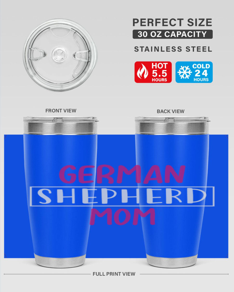 German Shepherd Mom tumbler featuring a stylish design, made from double wall vacuum stainless steel, perfect for hot and cold beverages.