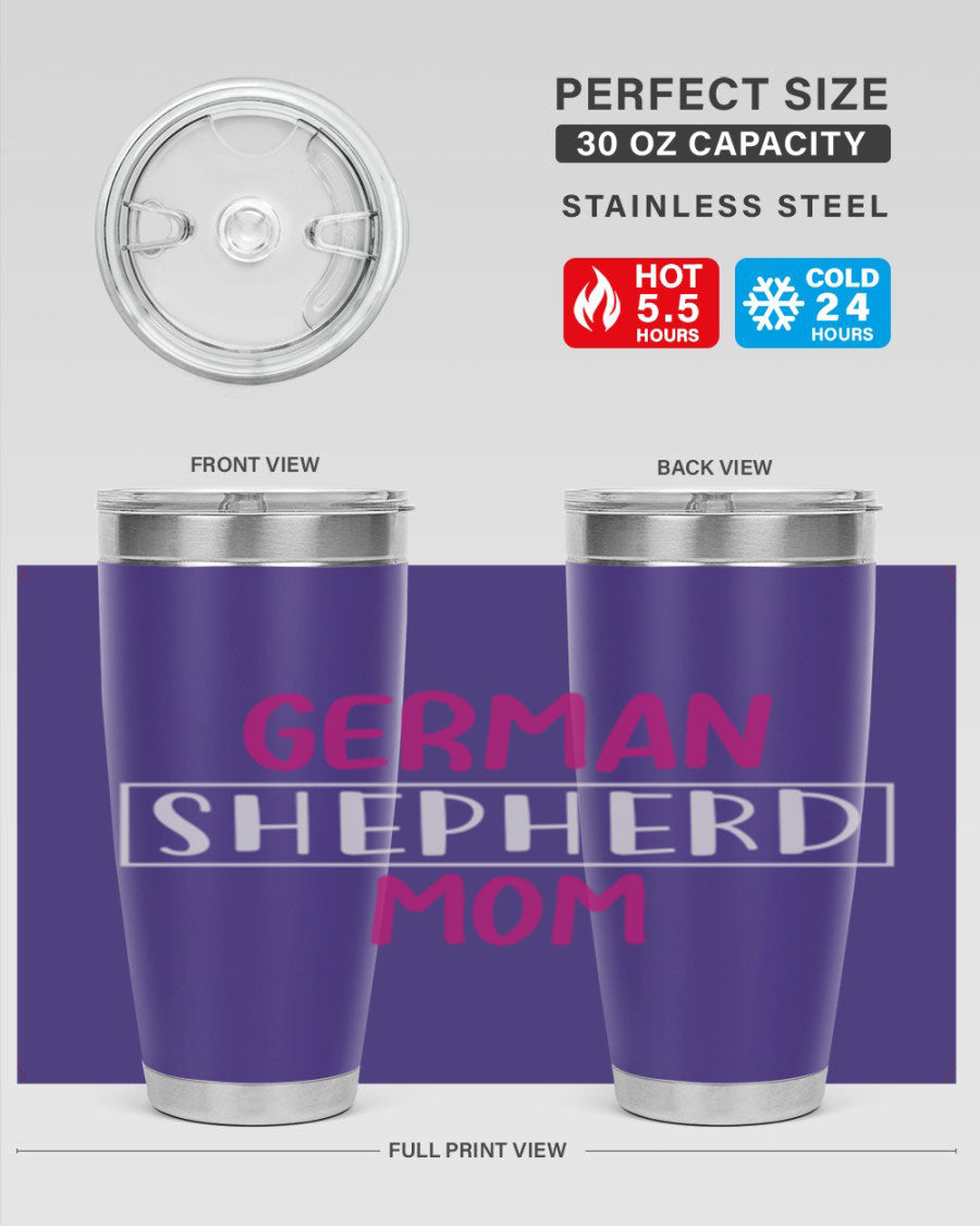German Shepherd Mom tumbler featuring a stylish design, made from double wall vacuum stainless steel, perfect for hot and cold beverages.