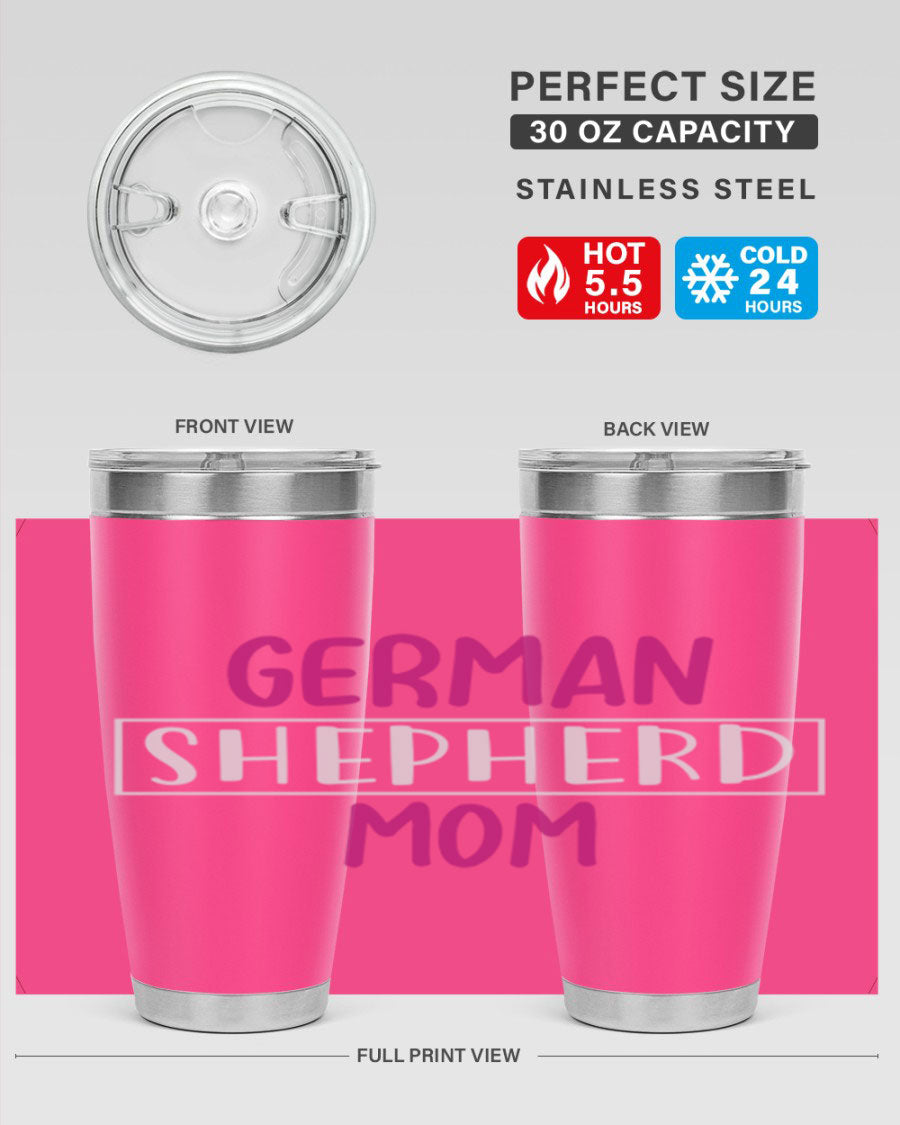 German Shepherd Mom tumbler featuring a stylish design, made from double wall vacuum stainless steel, perfect for hot and cold beverages.