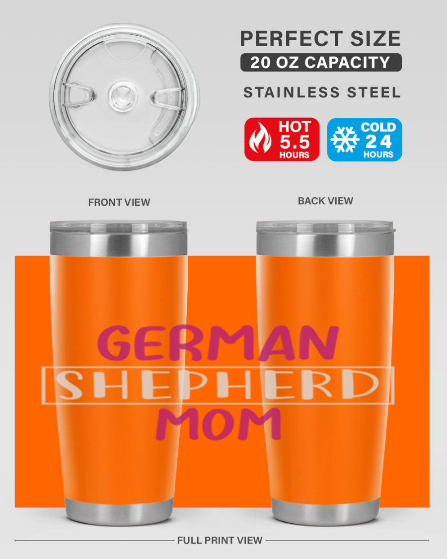 German Shepherd Mom tumbler featuring a stylish design, made from double wall vacuum stainless steel, perfect for hot and cold beverages.