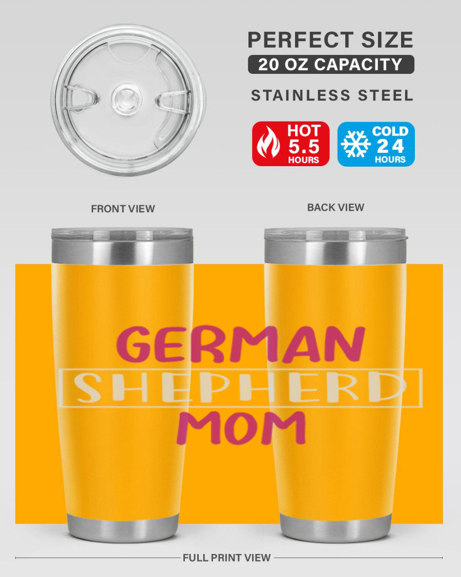 German Shepherd Mom tumbler featuring a stylish design, made from double wall vacuum stainless steel, perfect for hot and cold beverages.
