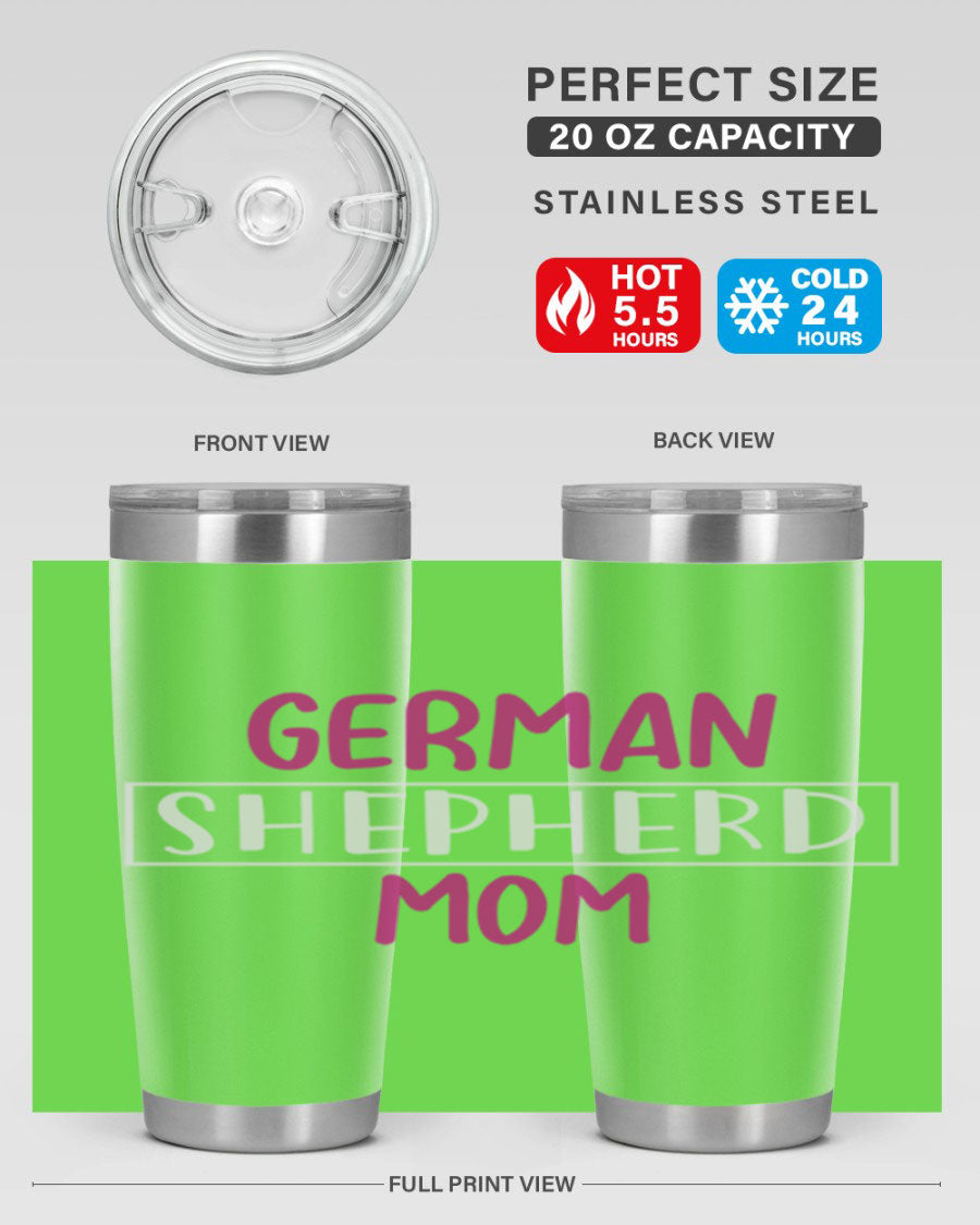 German Shepherd Mom tumbler featuring a stylish design, made from double wall vacuum stainless steel, perfect for hot and cold beverages.