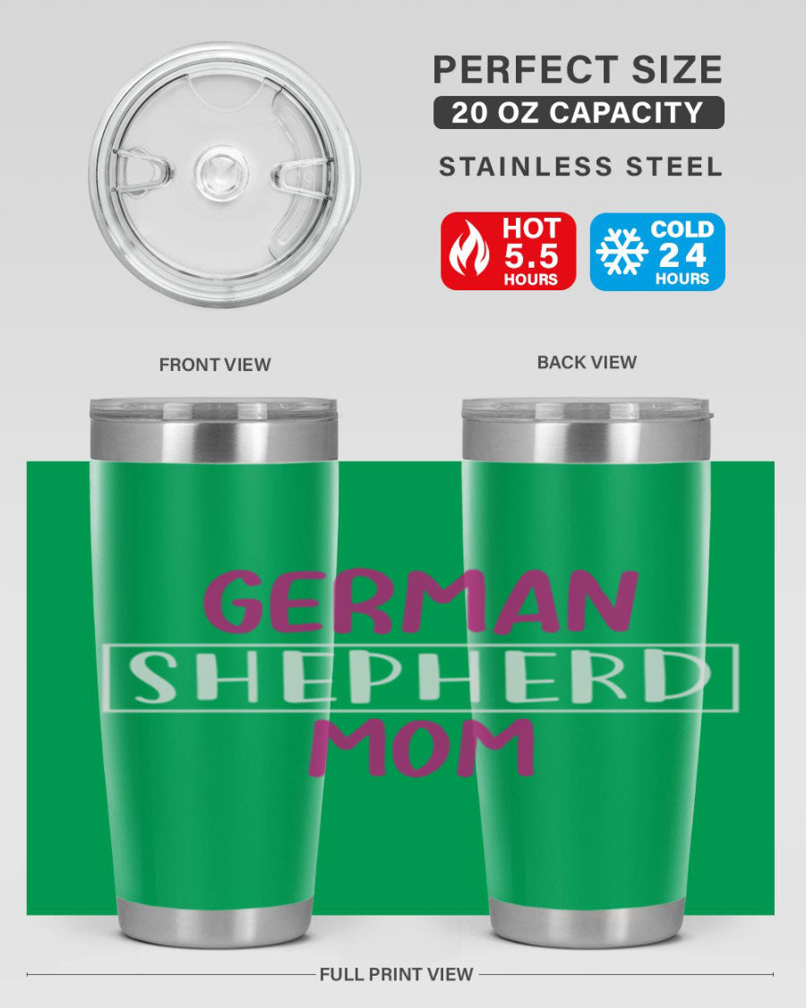 German Shepherd Mom tumbler featuring a stylish design, made from double wall vacuum stainless steel, perfect for hot and cold beverages.