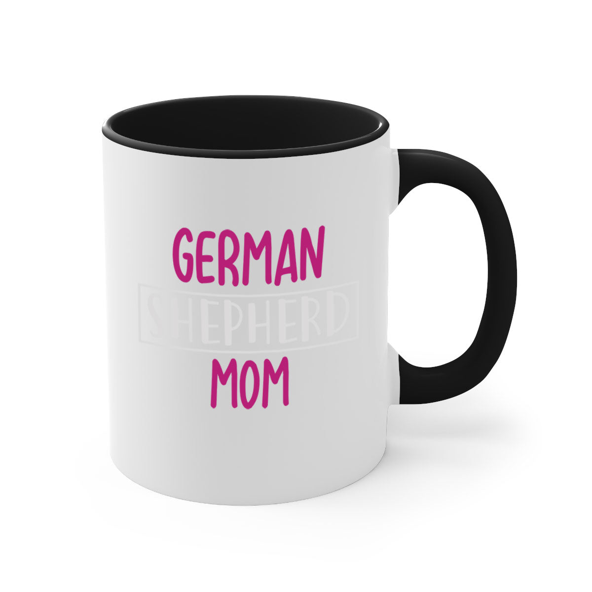 German Shepherd Mom mug with a glossy finish and colorful handle, available in multiple colors and sizes.