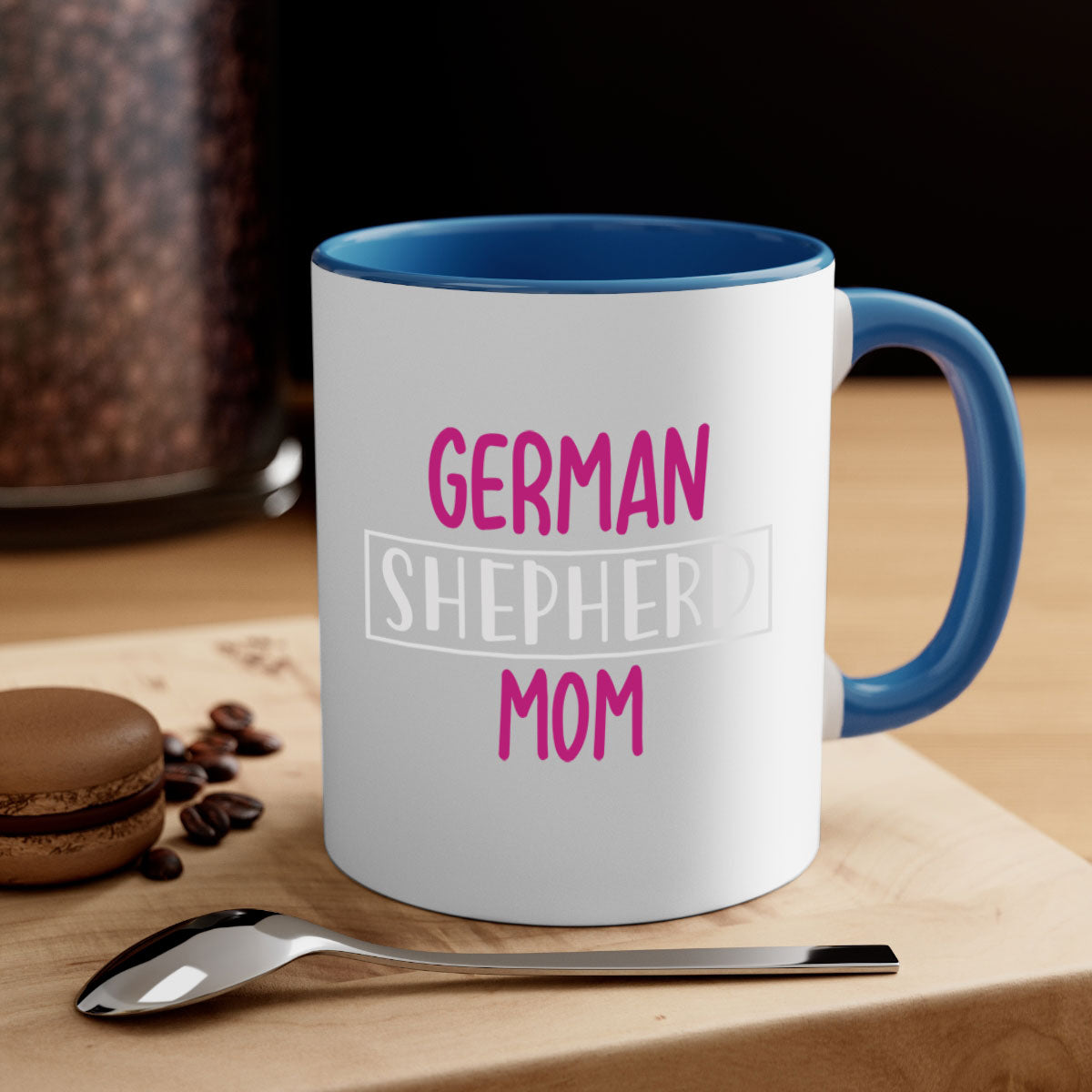 German Shepherd Mom mug with a glossy finish and colorful handle, available in multiple colors and sizes.