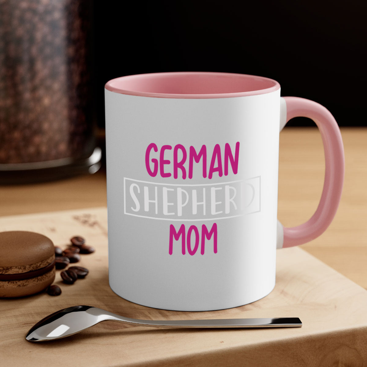 German Shepherd Mom mug with a glossy finish and colorful handle, available in multiple colors and sizes.