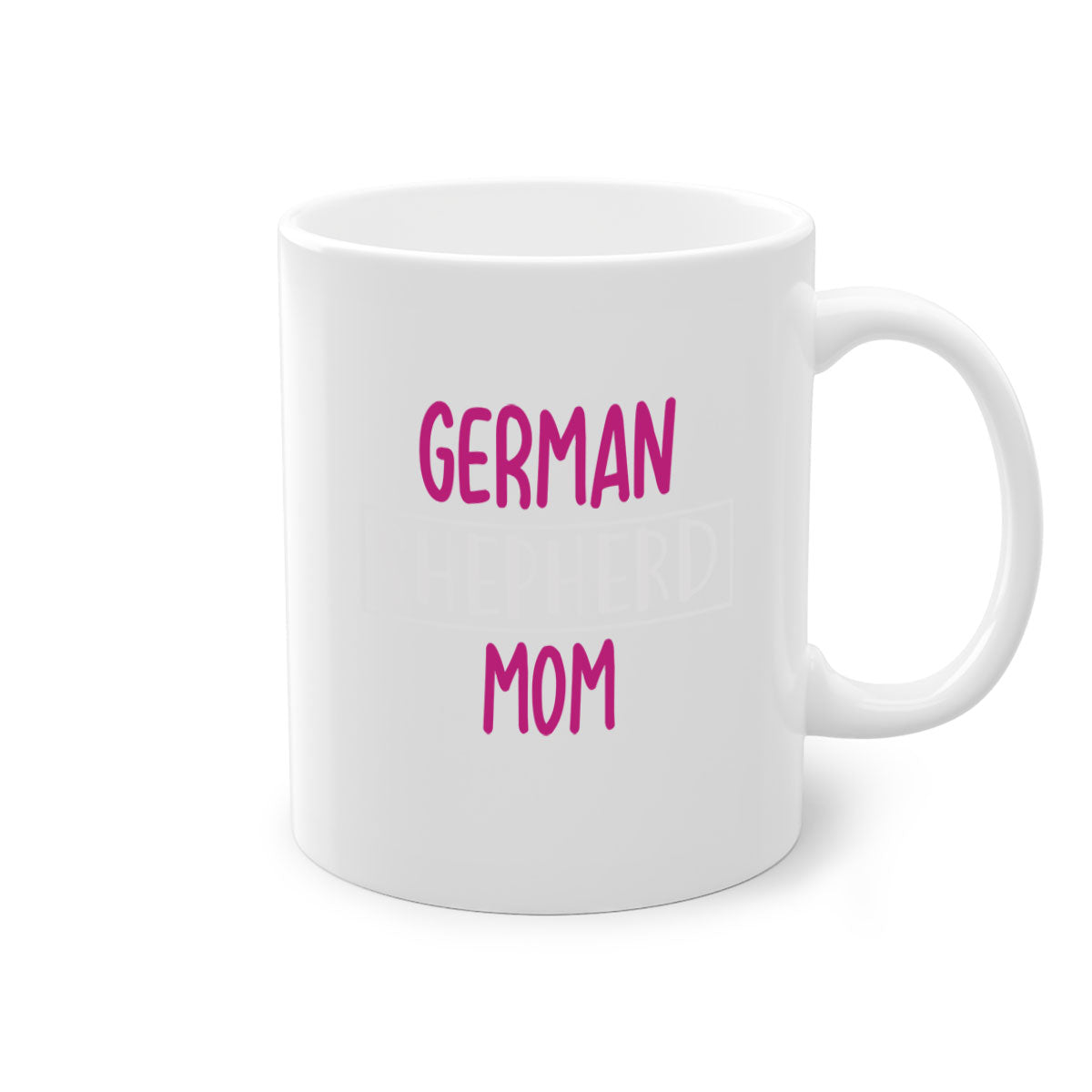 German Shepherd Mom mug with a glossy finish and colorful handle, available in multiple colors and sizes.