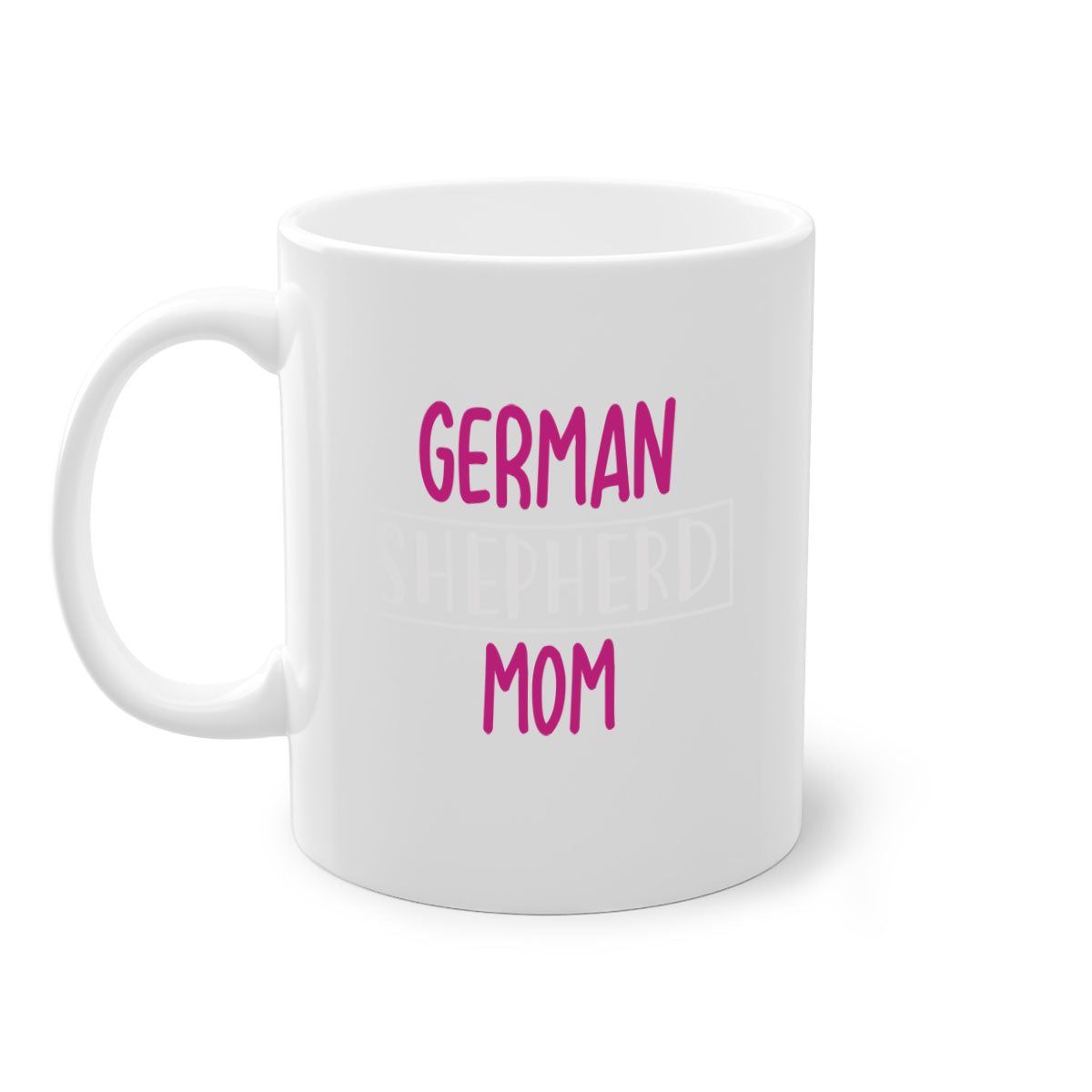 German Shepherd Mom mug with a glossy finish and colorful handle, available in multiple colors and sizes.