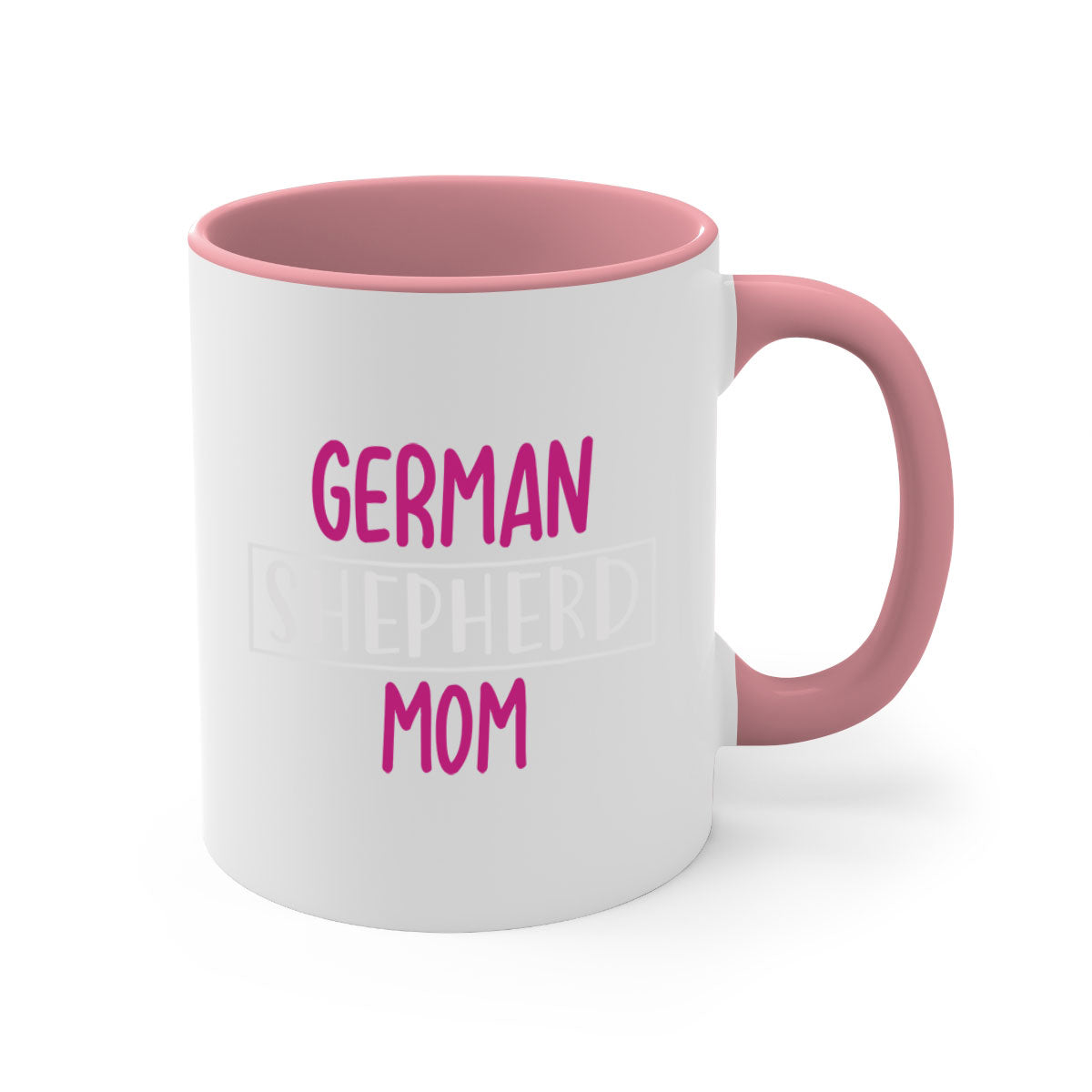German Shepherd Mom mug with a glossy finish and colorful handle, available in multiple colors and sizes.