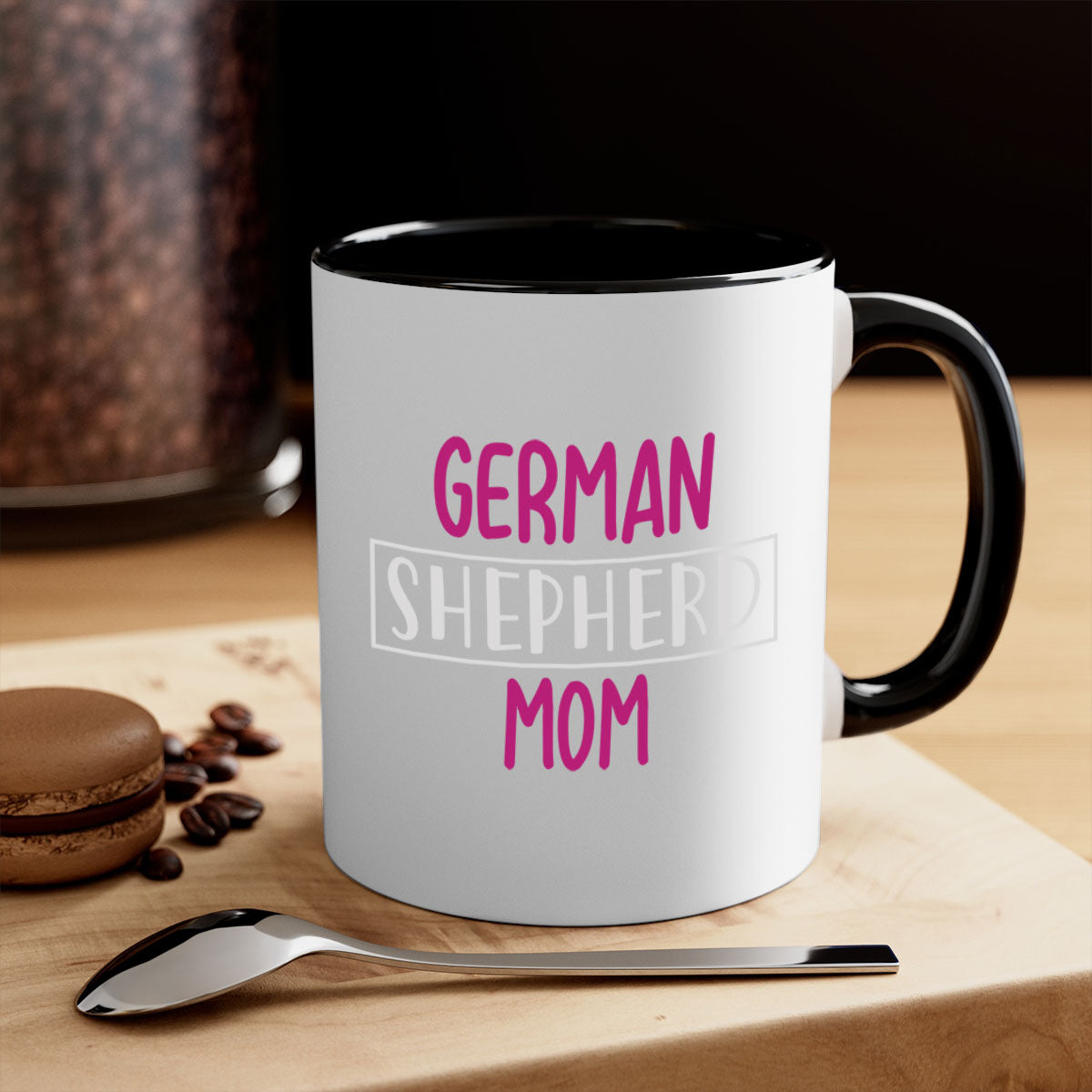 German Shepherd Mom mug with a glossy finish and colorful handle, available in multiple colors and sizes.