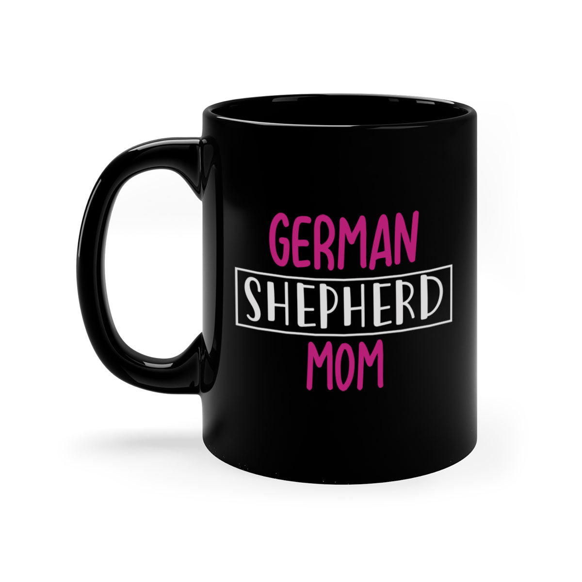 German Shepherd Mom mug with a glossy finish and colorful handle, available in multiple colors and sizes.