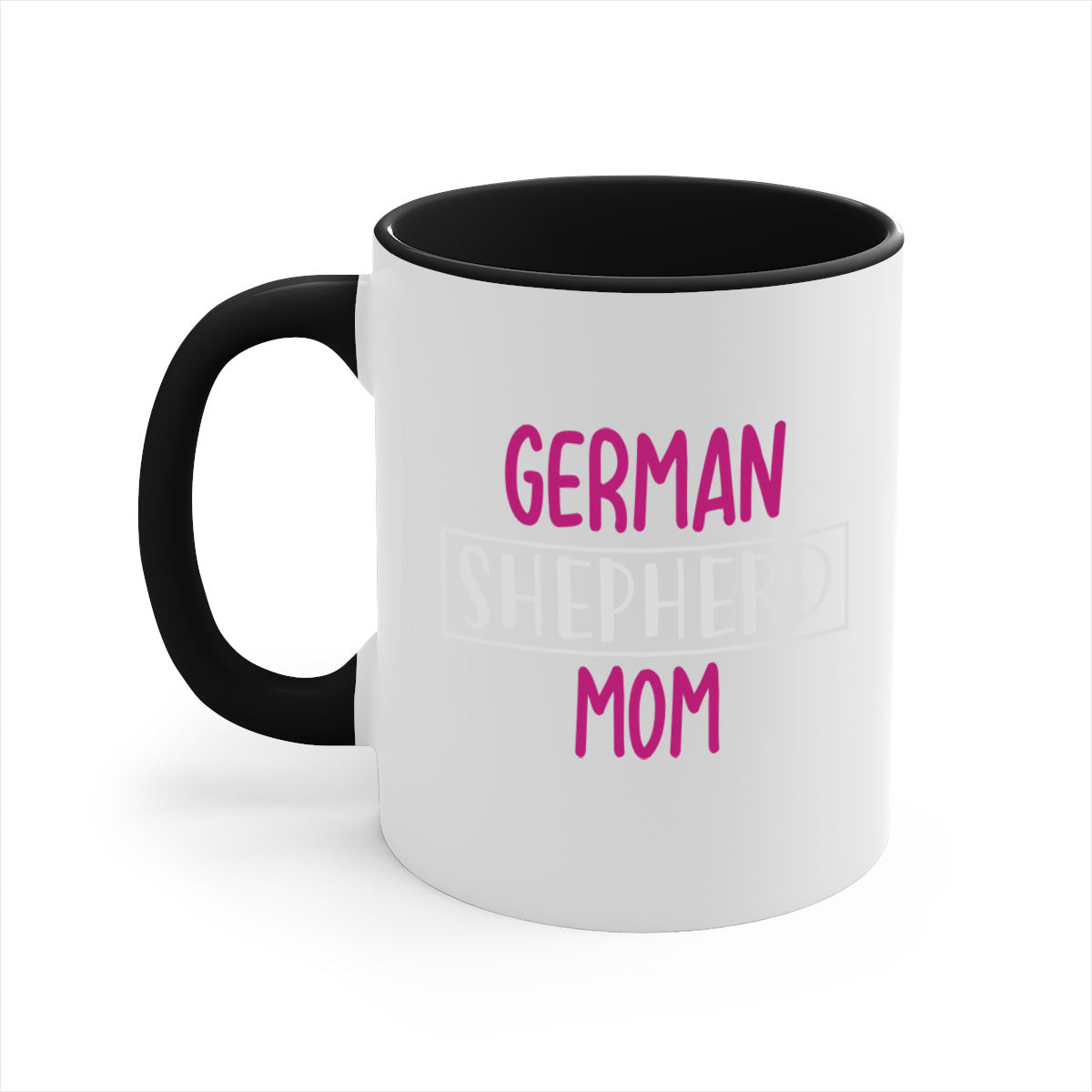 German Shepherd Mom mug with a glossy finish and colorful handle, available in multiple colors and sizes.