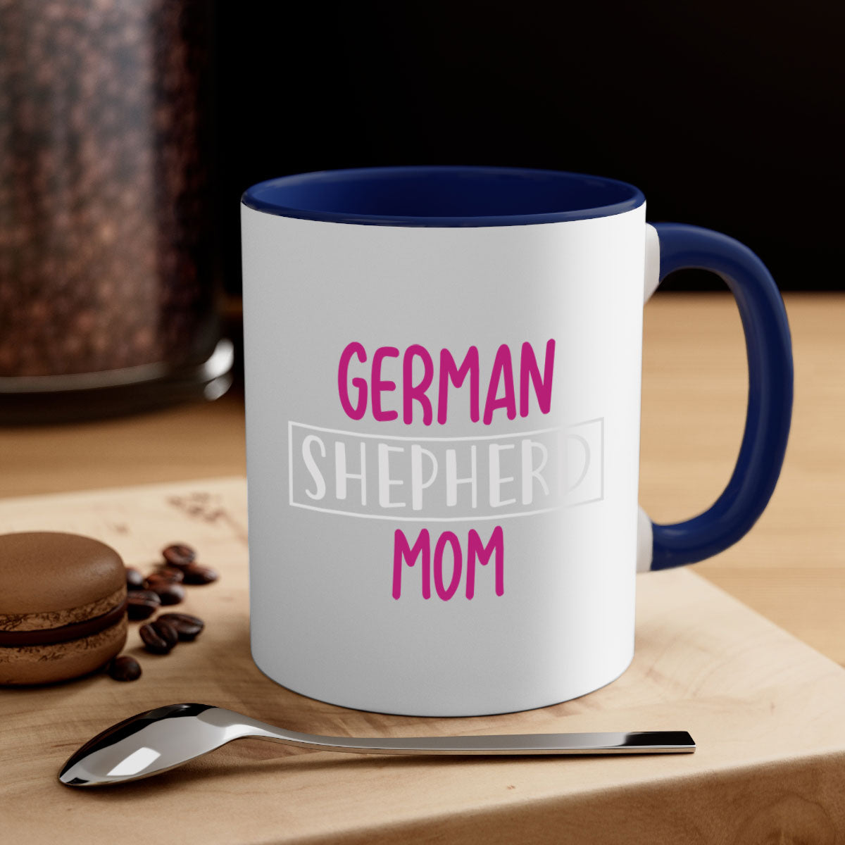 German Shepherd Mom mug with a glossy finish and colorful handle, available in multiple colors and sizes.